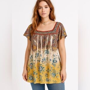 Live and Let Live Boho Peasant Tunic Top Floral Paisley PL  Flutter Sleeve
